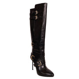 37 VINTAGE $1560 ROBERTO CAVALLI RUNWAY Black Leather BUCKLE Winter KNEE BOOTS