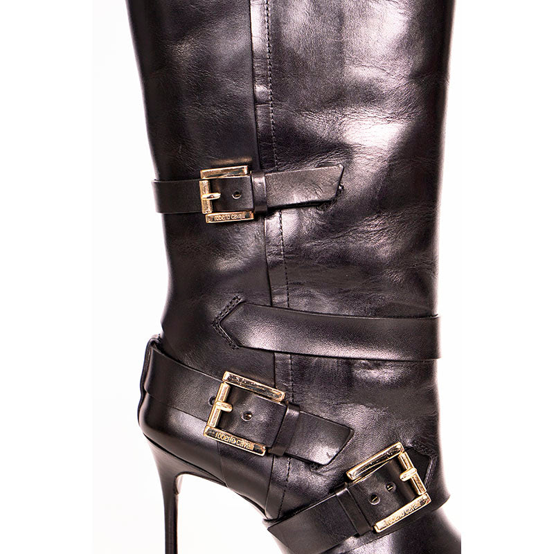 37 VINTAGE $1560 ROBERTO CAVALLI RUNWAY Black Leather BUCKLE Winter KNEE BOOTS