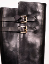 37 VINTAGE $1560 ROBERTO CAVALLI RUNWAY Black Leather BUCKLE Winter KNEE BOOTS