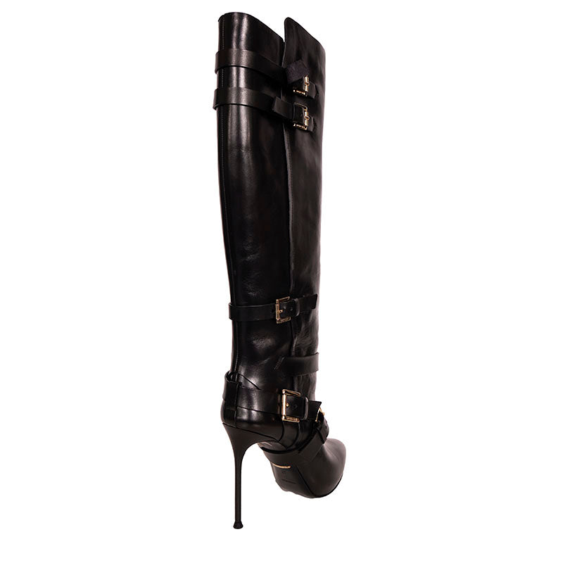 37 VINTAGE $1560 ROBERTO CAVALLI RUNWAY Black Leather BUCKLE Winter KNEE BOOTS