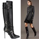 37 VINTAGE $1560 ROBERTO CAVALLI RUNWAY Black Leather BUCKLE Winter KNEE BOOTS