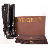 37 VINTAGE $1560 ROBERTO CAVALLI RUNWAY Black Leather BUCKLE Winter KNEE BOOTS