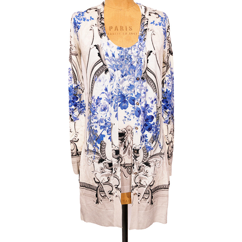 44/46 NEW $2K ROBERTO CAVALLI Ivory FLORAL BAROQUE CARDIGAN & TOP Knit TWIN SET