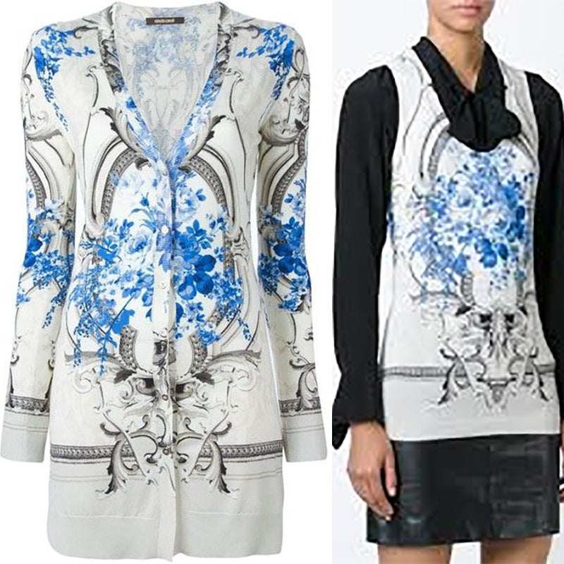 44/46 NEW $2K ROBERTO CAVALLI Ivory FLORAL BAROQUE CARDIGAN & TOP Knit TWIN SET