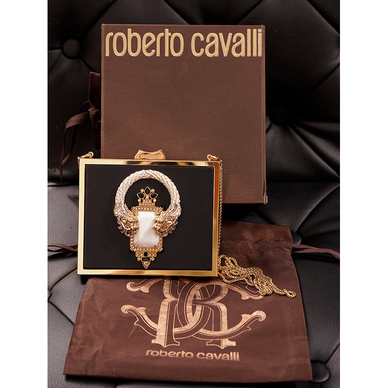 VINTAGE $2495 ROBERTO CAVALLI Leather JEWELED DRAGON Minaudière BOX CLUTCH BAG