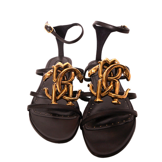 37 NEW $835 ROBERTO CAVALLI Black Leather GOLD RC SNAKE CREST LOGO Flat SANDALS