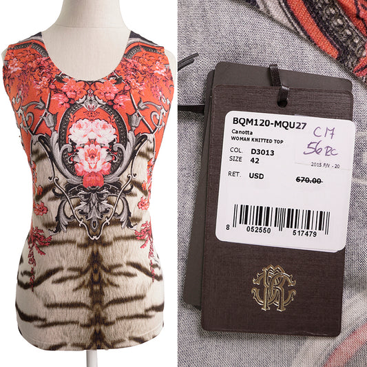 42 NEW $670 ROBERTO CAVALLI Tiger BAROQUE FLORAL Cashmere Wool Silk KNIT TOP NWT