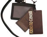 NEW $250 ROBERTO CAVALLI Black Embossed Leather Logo CARD CASE ID w/ LANYARD