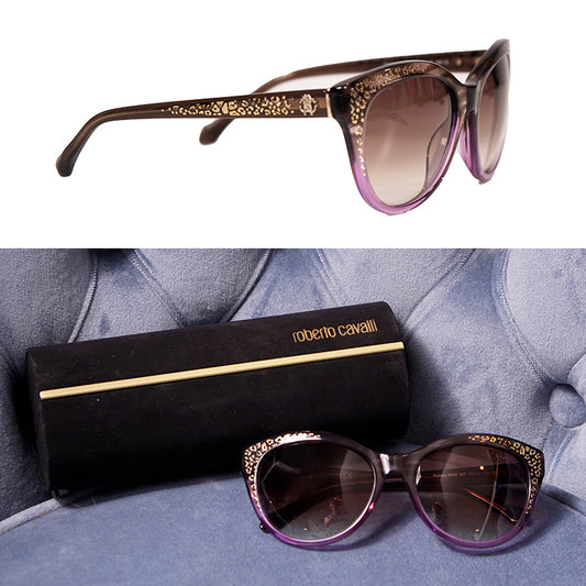 NEW $345 ROBERTO CAVALLI Purple GOLD RC LOGO LEOPARD Oversize Cat Eye SUNGLASSES