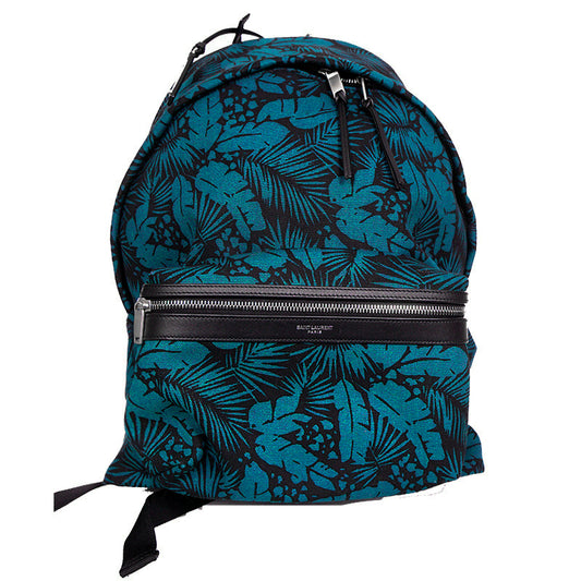 NEW $1150 SAINT LAURENT Turquoise TROPICAL PALM FLORAL Canvas CITY BACKPACK Bag
