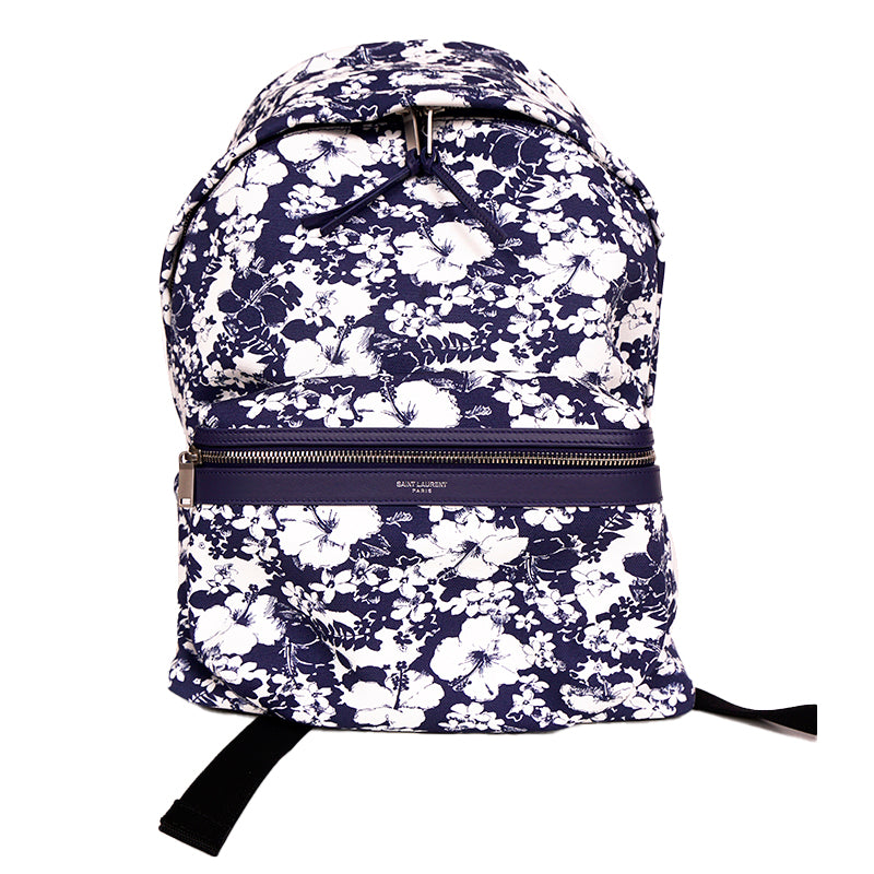 NEW $1150 SAINT LAURENT Blue TROPICAL HIBISCUS FLORAL Canvas CITY BACKPACK Bag