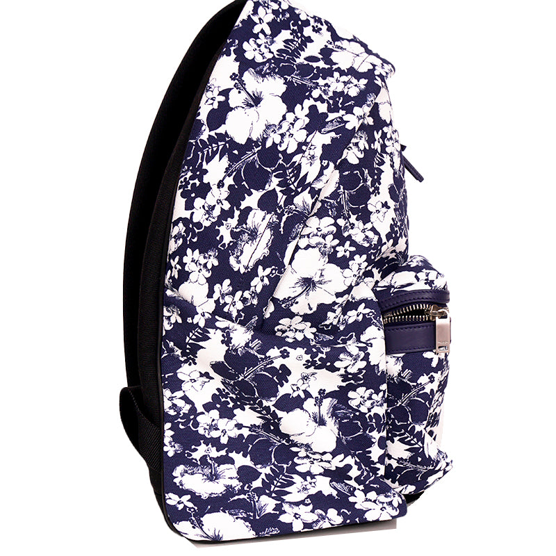 NEW $1150 SAINT LAURENT Blue TROPICAL HIBISCUS FLORAL Canvas CITY BACKPACK Bag