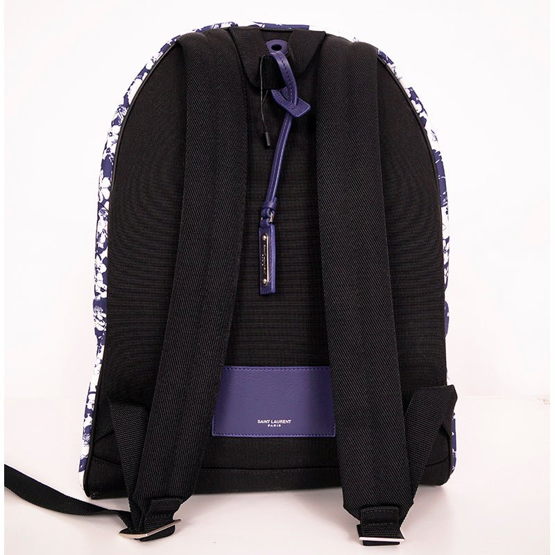 NEW $1150 SAINT LAURENT Blue TROPICAL HIBISCUS FLORAL Canvas CITY BACKPACK Bag