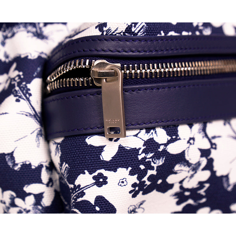NEW $1150 SAINT LAURENT Blue TROPICAL HIBISCUS FLORAL Canvas CITY BACKPACK Bag
