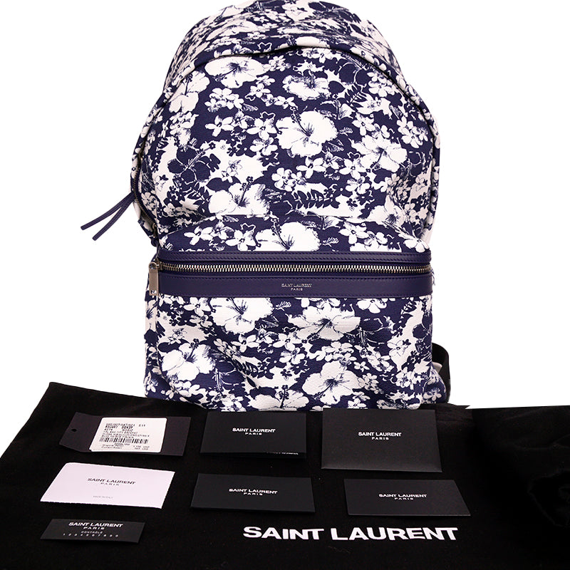 NEW $1150 SAINT LAURENT Blue TROPICAL HIBISCUS FLORAL Canvas CITY BACKPACK Bag