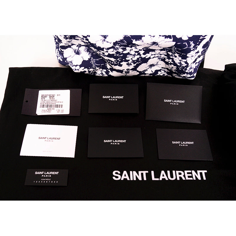 NEW $1150 SAINT LAURENT Blue TROPICAL HIBISCUS FLORAL Canvas CITY BACKPACK Bag