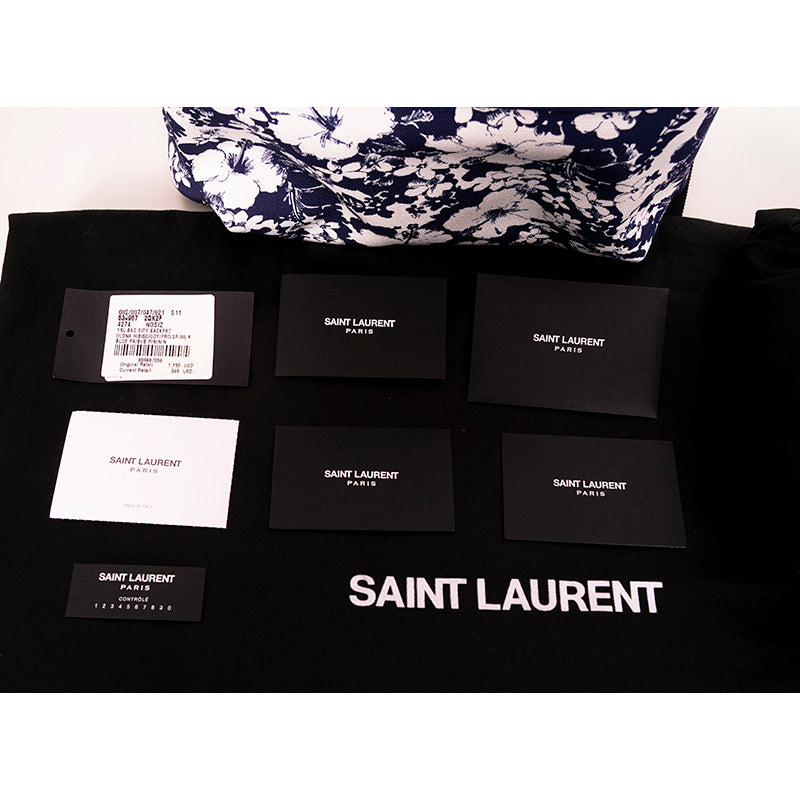NEW $1150 SAINT LAURENT Blue TROPICAL HIBISCUS FLORAL Canvas CITY BACKPACK Bag