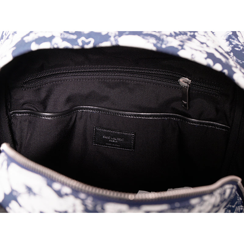 NEW $1150 SAINT LAURENT Blue TROPICAL HIBISCUS FLORAL Canvas CITY BACKPACK Bag