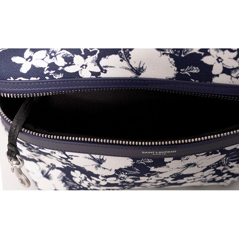 NEW $1150 SAINT LAURENT Blue TROPICAL HIBISCUS FLORAL Canvas CITY BACKPACK Bag