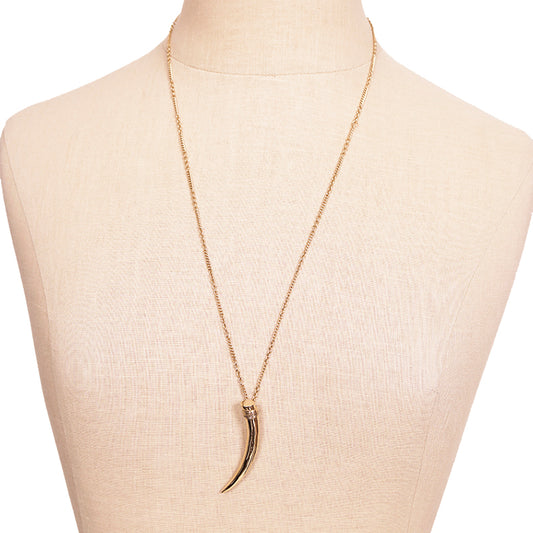 NEW $495 SAINT LAURENT Gold-Tone Brass HORN TUSK Necklace w/ YSL LOGO CHARM