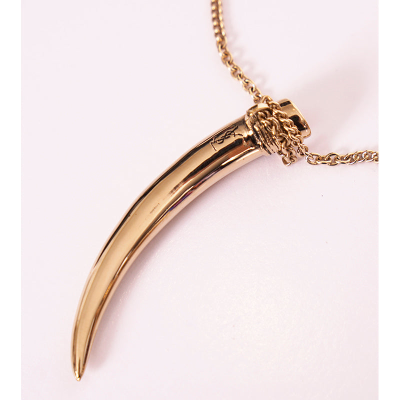 NEW $495 SAINT LAURENT Gold-Tone Brass HORN TUSK Necklace w/ YSL LOGO CHARM
