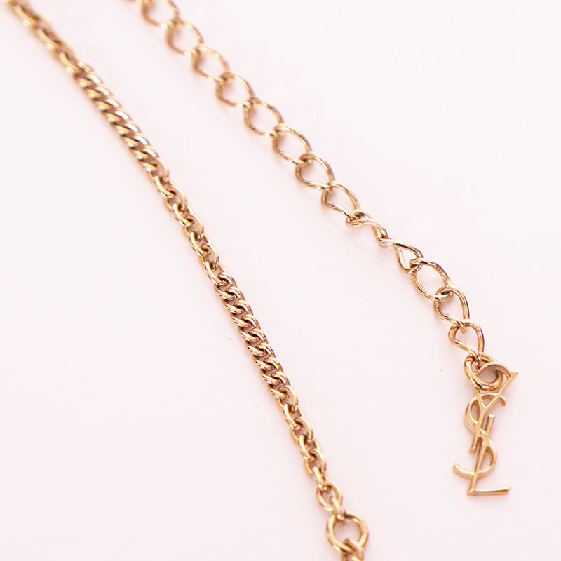 NEW $495 SAINT LAURENT Gold-Tone Brass HORN TUSK Necklace w/ YSL LOGO CHARM