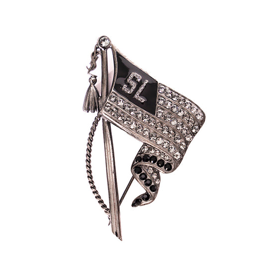 NEW $445 SAINT LAURENT Silver Tone Pave' CRYSTAL Varsity LOGO FLAG YSL BROOCH