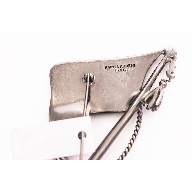 NEW $445 SAINT LAURENT Silver Tone Pave' CRYSTAL Varsity LOGO FLAG YSL BROOCH