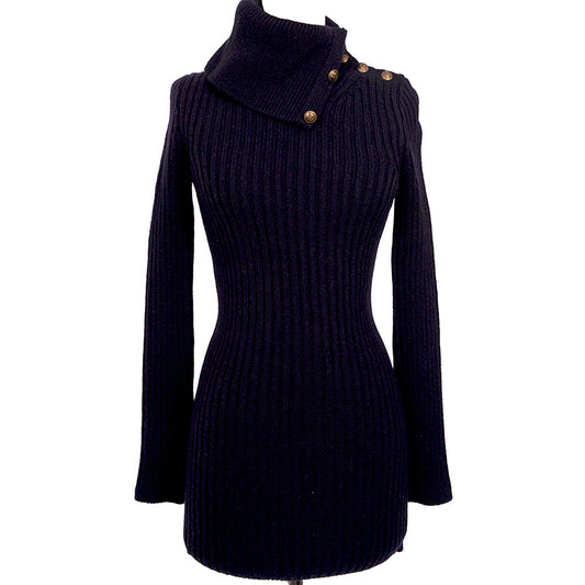 XS NEW $1,650 SAINT LAURENT Dk Blue Camel Hair Cowl Neck Rib Knit SWEATER DRESSPPER Spring PEPLUM Pencil DRESS