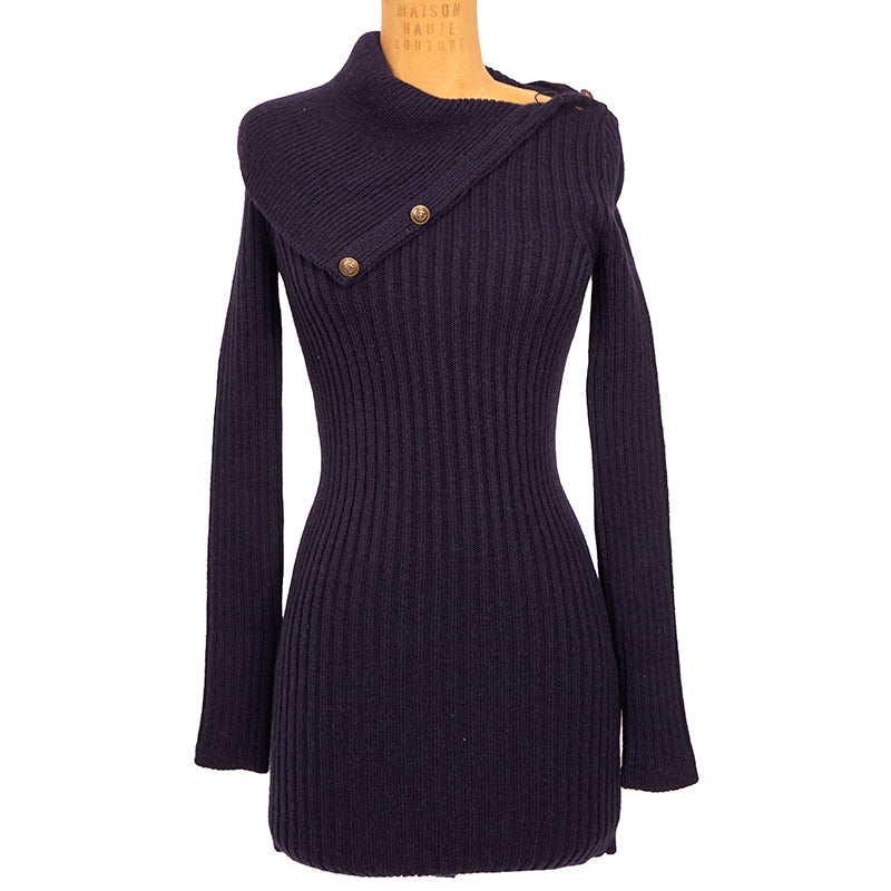 XS NEW $1,650 SAINT LAURENT Dk Blue Camel Hair Cowl Neck Rib Knit SWEATER DRESSPPER Spring PEPLUM Pencil DRESS