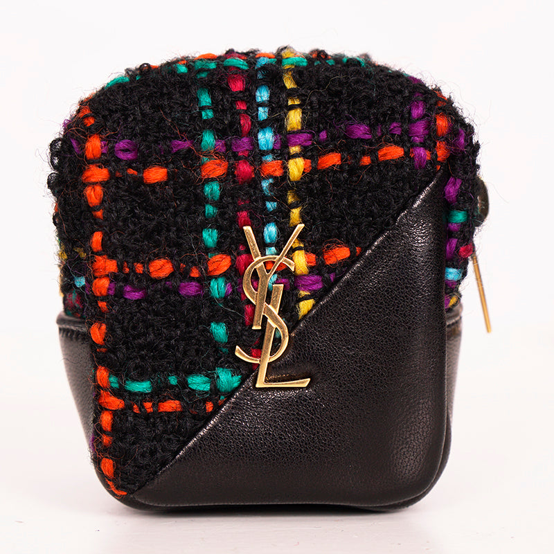 NEW $575 SAINT LAURENT Black TWEED & LEATHER YSL Keyring Jamie CUBE BAG CHARM