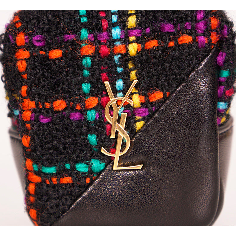 NEW $575 SAINT LAURENT Black TWEED & LEATHER YSL Keyring Jamie CUBE BAG CHARM