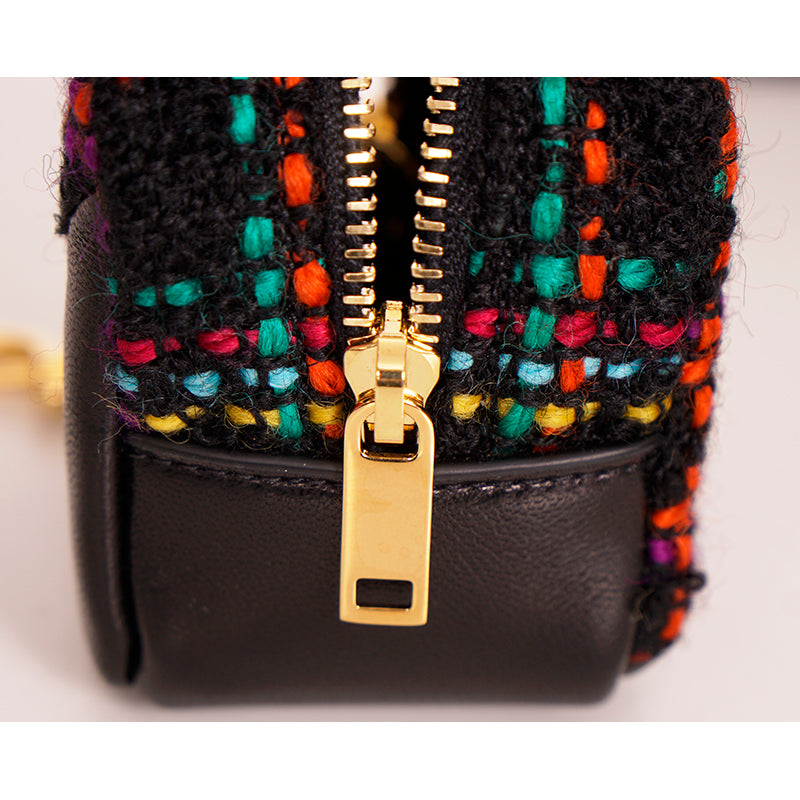 NEW $575 SAINT LAURENT Black TWEED & LEATHER YSL Keyring Jamie CUBE BAG CHARM