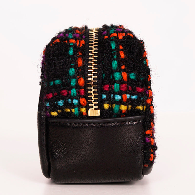 NEW $575 SAINT LAURENT Black TWEED & LEATHER YSL Keyring Jamie CUBE BAG CHARM