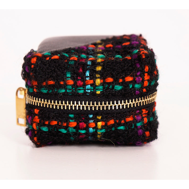 NEW $575 SAINT LAURENT Black TWEED & LEATHER YSL Keyring Jamie CUBE BAG CHARM