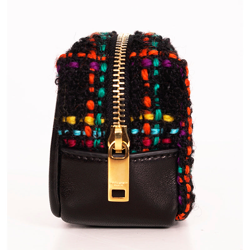 NEW $575 SAINT LAURENT Black TWEED & LEATHER YSL Keyring Jamie CUBE BAG CHARM