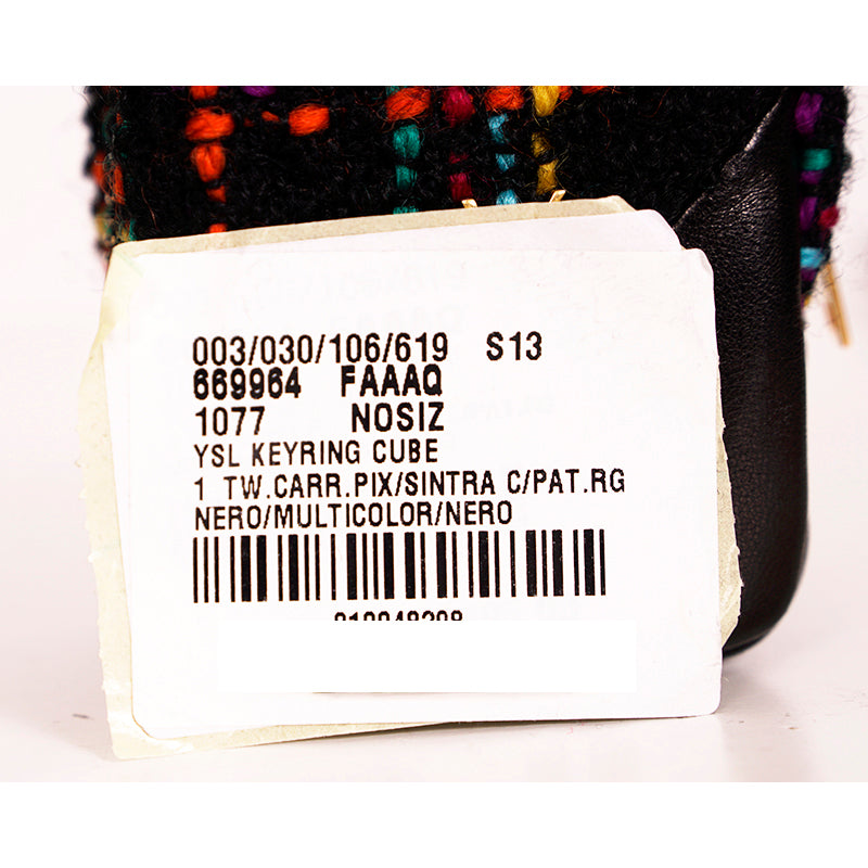 NEW $575 SAINT LAURENT Black TWEED & LEATHER YSL Keyring Jamie CUBE BAG CHARM