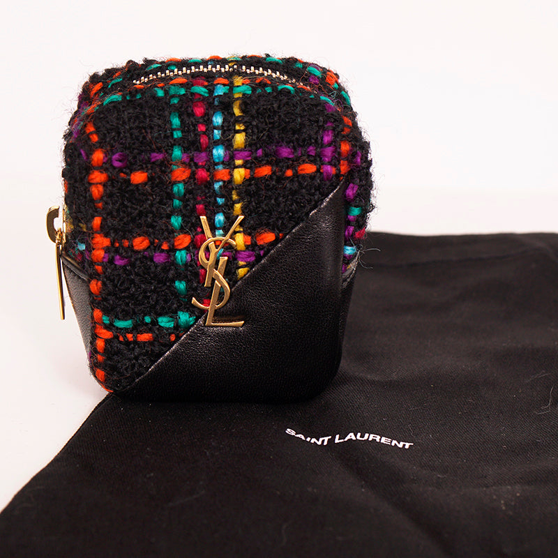 NEW $575 SAINT LAURENT Black TWEED & LEATHER YSL Keyring Jamie CUBE BAG CHARM