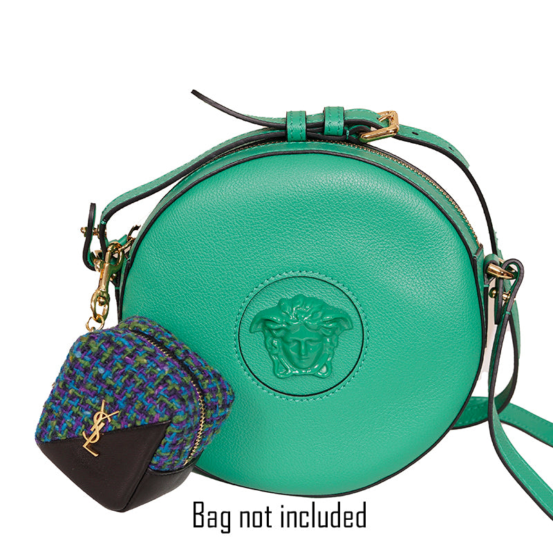 NEW $575 SAINT LAURENT Blue TWEED & LEATHER YSL Keyring Jamie CUBE BAG CHARM