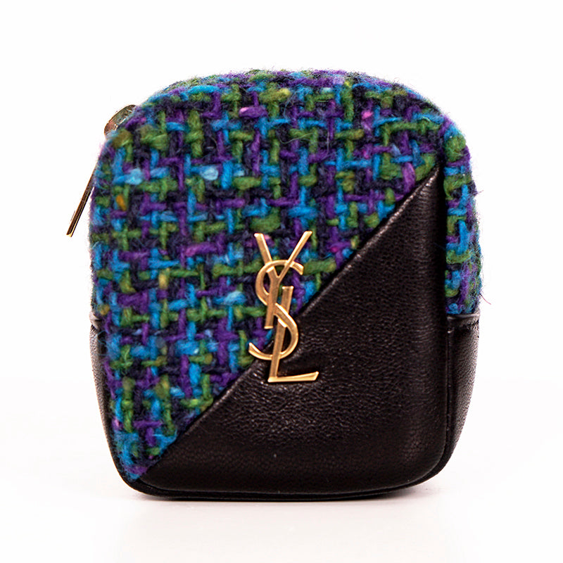 NEW $575 SAINT LAURENT Blue TWEED & LEATHER YSL Keyring Jamie CUBE BAG CHARM