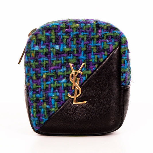 NEW $575 SAINT LAURENT Blue TWEED & LEATHER YSL Keyring Jamie CUBE BAG CHARM