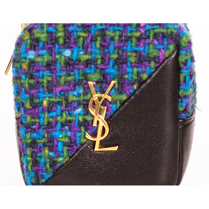 NEW $575 SAINT LAURENT Blue TWEED & LEATHER YSL Keyring Jamie CUBE BAG CHARM