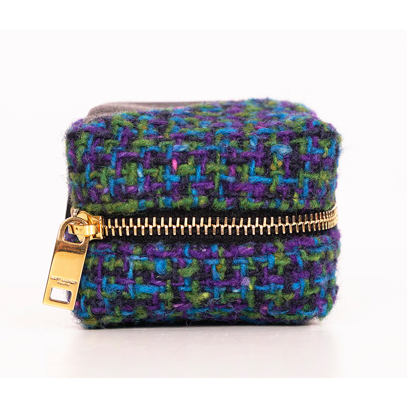 NEW $575 SAINT LAURENT Blue TWEED & LEATHER YSL Keyring Jamie CUBE BAG CHARM