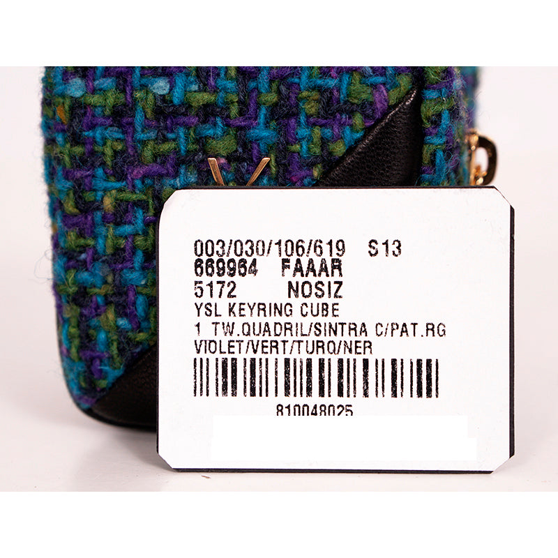NEW $575 SAINT LAURENT Blue TWEED & LEATHER YSL Keyring Jamie CUBE BAG CHARM