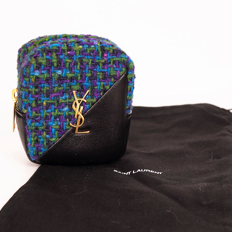 NEW $575 SAINT LAURENT Blue TWEED & LEATHER YSL Keyring Jamie CUBE BAG CHARM
