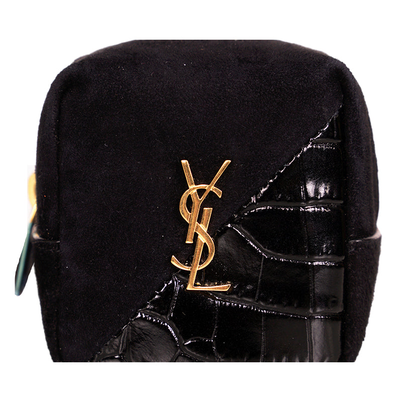 NEW $575 SAINT LAURENT Black CROC LEATHER Suede YSL Keyring Jamie CUBE BAG CHARM