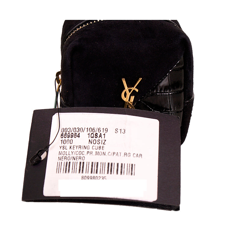 NEW $575 SAINT LAURENT Black CROC LEATHER Suede YSL Keyring Jamie CUBE BAG CHARM