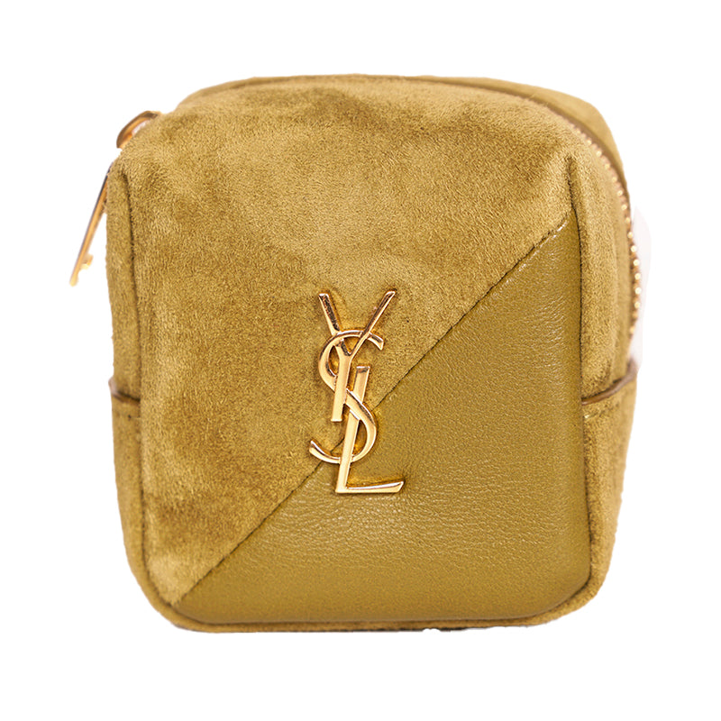 NEW $575 SAINT LAURENT Khaki Tan LEATHER Suede YSL Keyring Jamie CUBE BAG CHARM