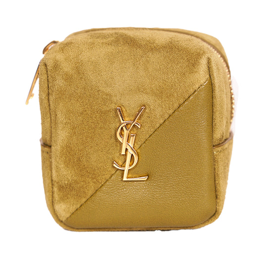 NEW $575 SAINT LAURENT Khaki Tan LEATHER Suede YSL Keyring Jamie CUBE BAG CHARM
