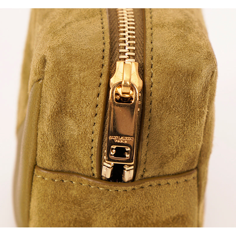 NEW $575 SAINT LAURENT Khaki Tan LEATHER Suede YSL Keyring Jamie CUBE BAG CHARM